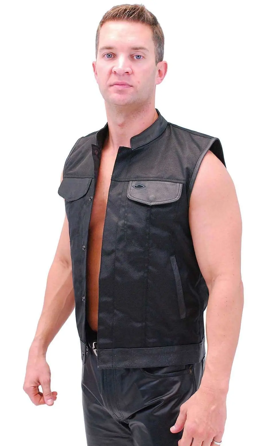 Men's Leather & Nylon Anarchy Biker Club Vest w/Concealed Pockets #VMC720K - Image 4