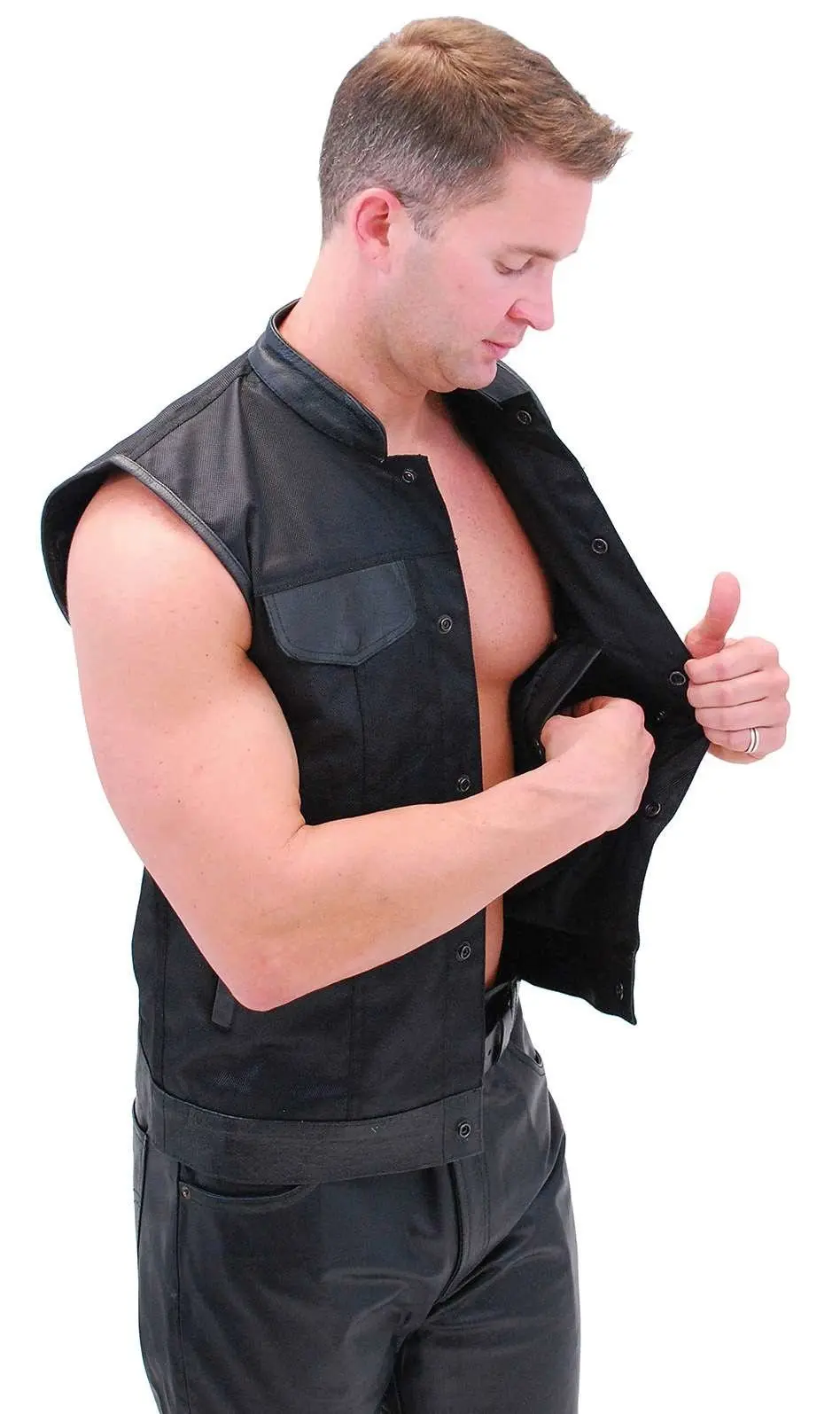 Men's Leather & Nylon Anarchy Biker Club Vest w/Concealed Pockets #VMC720K - Image 5