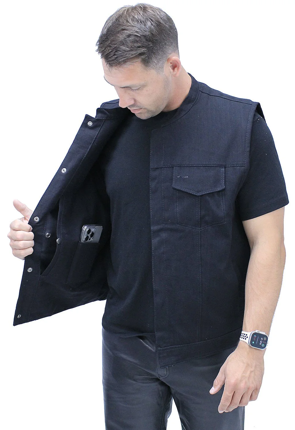 Black Denim Snap Up Club Vest w/Concealed Pocket #VMC3200K (S-M) - Image 3