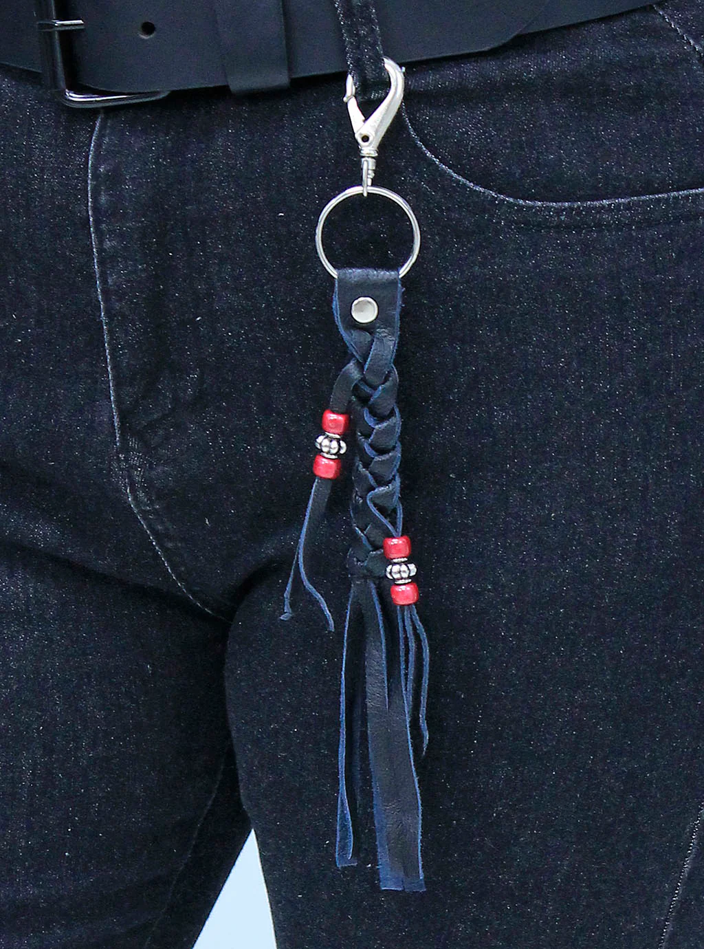 Black Leather Braid & Bead Key Chain #AKC9038K - Image 4