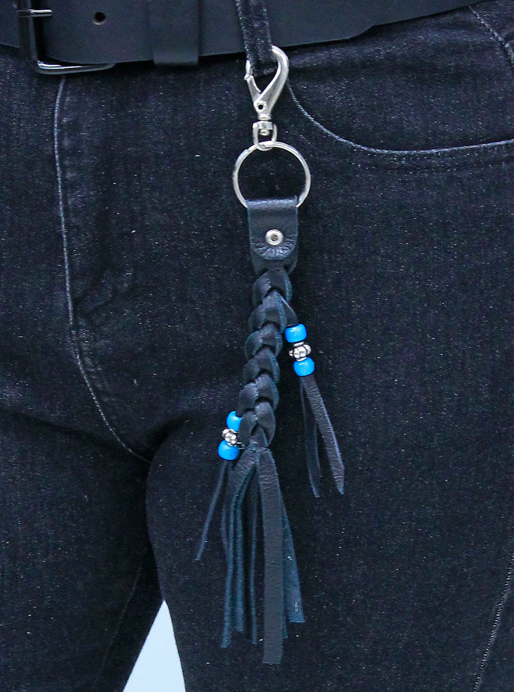 Black Leather Braid & Bead Key Chain #AKC9038K - Image 5