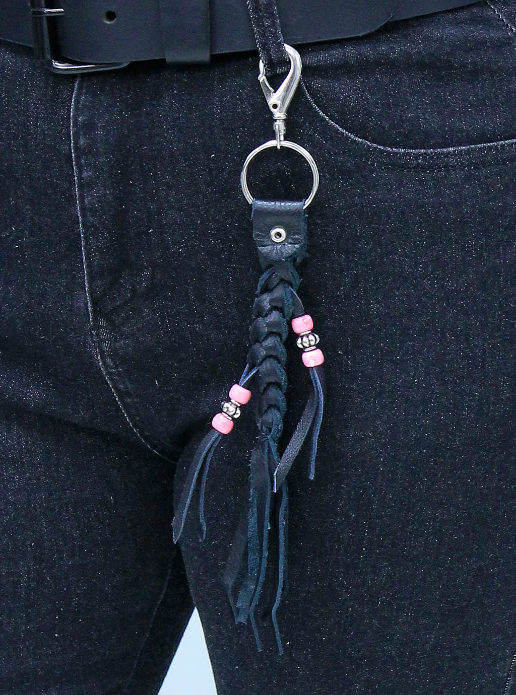 Black Leather Braid & Bead Key Chain #AKC9038K - Image 6