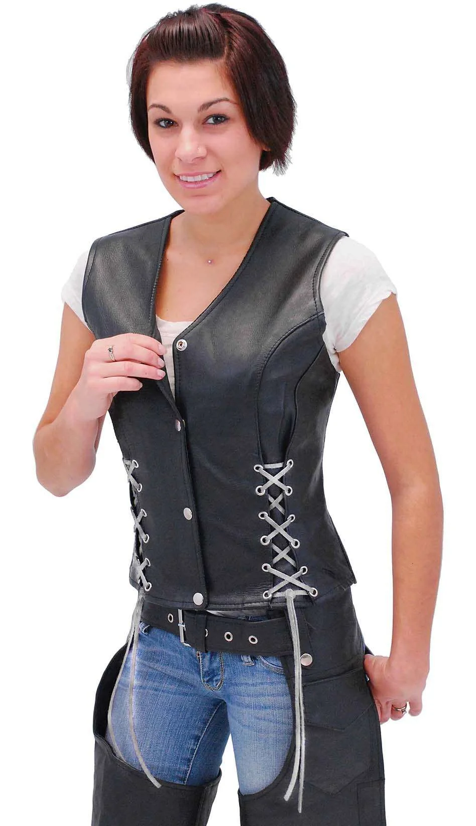 Black Leather Vest w/Custom Color Corset Lacing #VL2687LLK () - Image 3