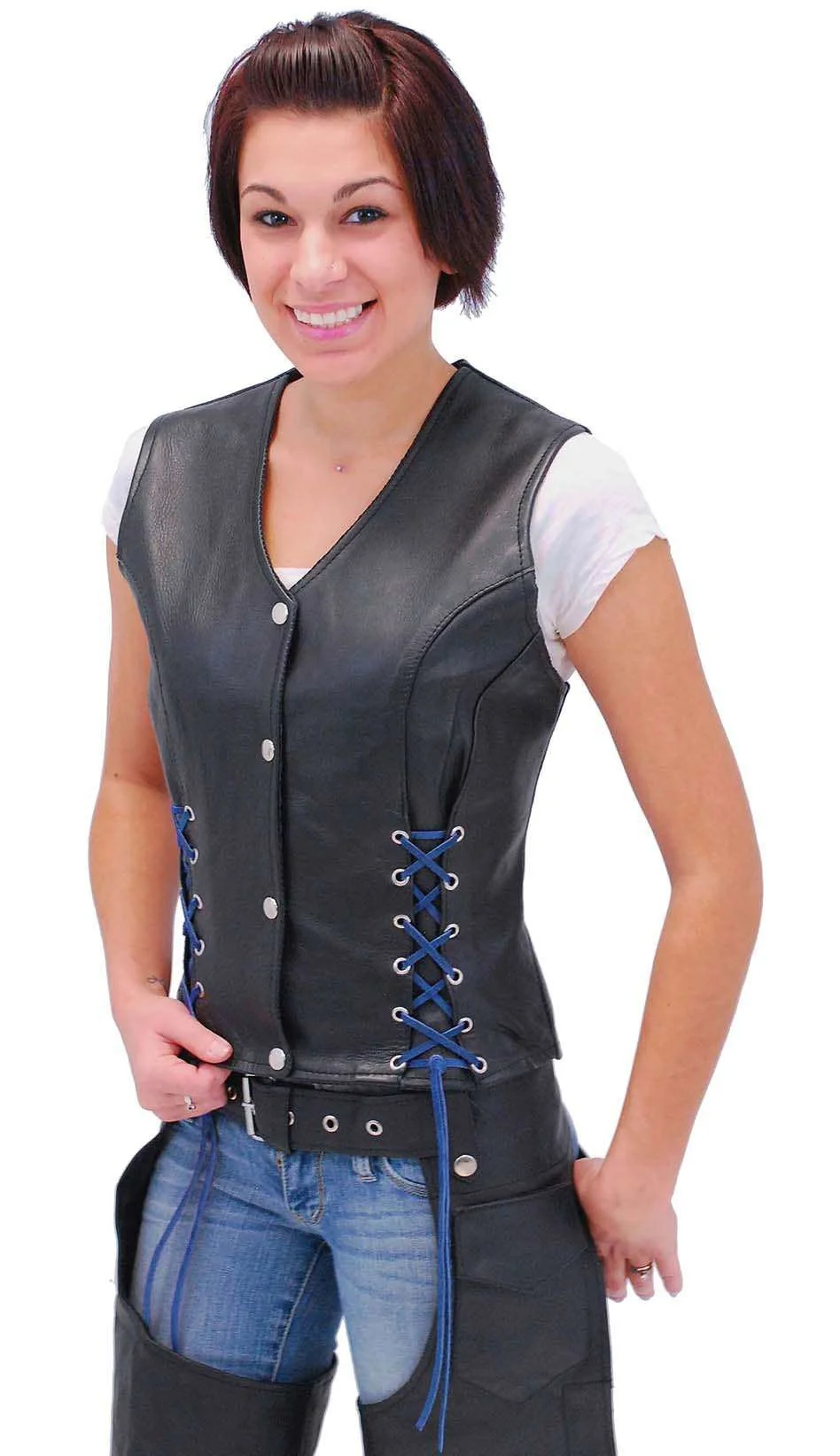 Black Leather Vest w/Custom Color Corset Lacing #VL2687LLK () - Image 4