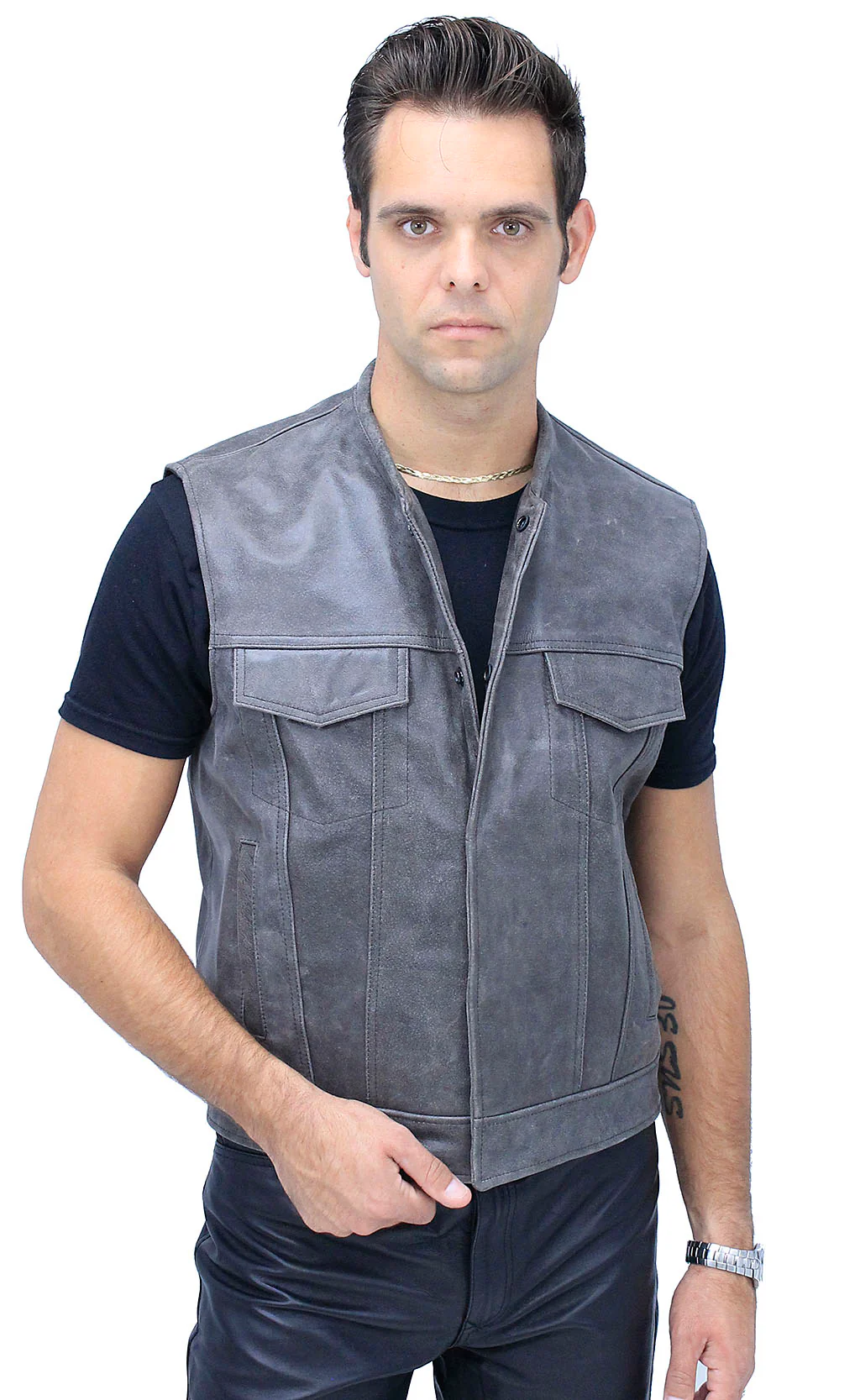 Distressed Leather Club Vest w/Concealed Pockets #VM1016N (M-4X) - Image 3