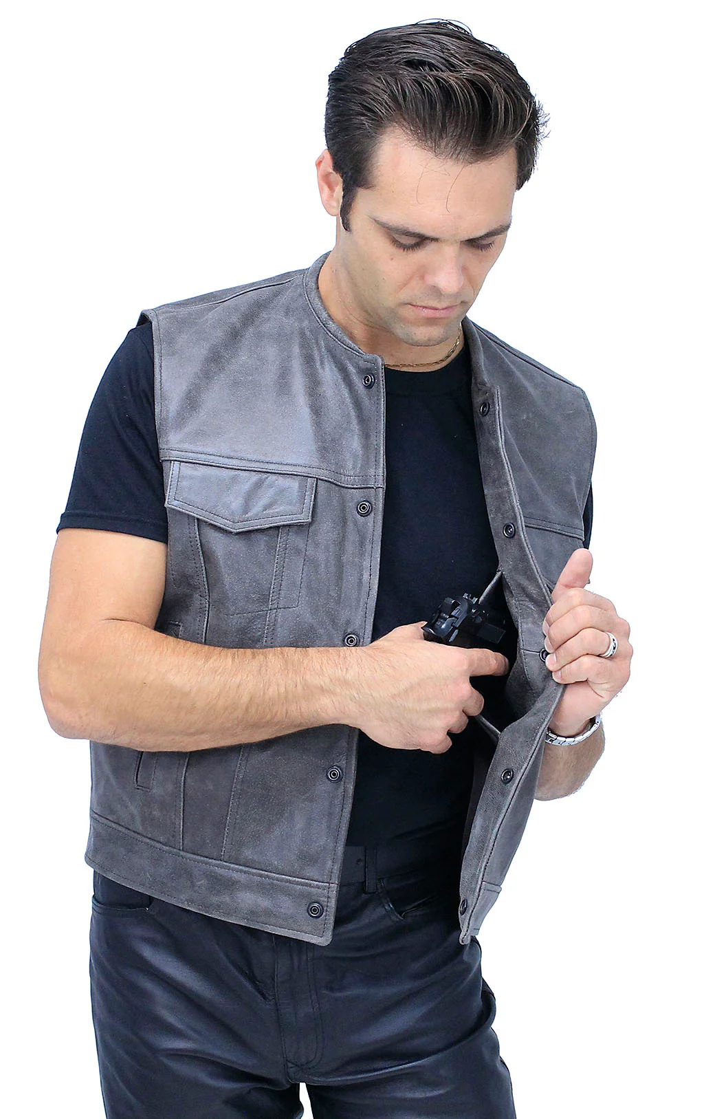 Distressed Leather Club Vest w/Concealed Pockets #VM1016N (M-4X) - Image 4