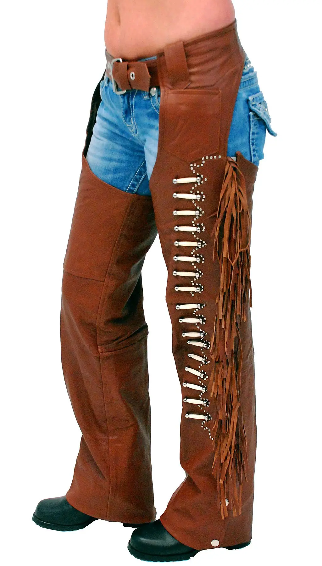 Brown Leather Chaps w/Fringe & Bone Beading #C4300FBN () - Image 3