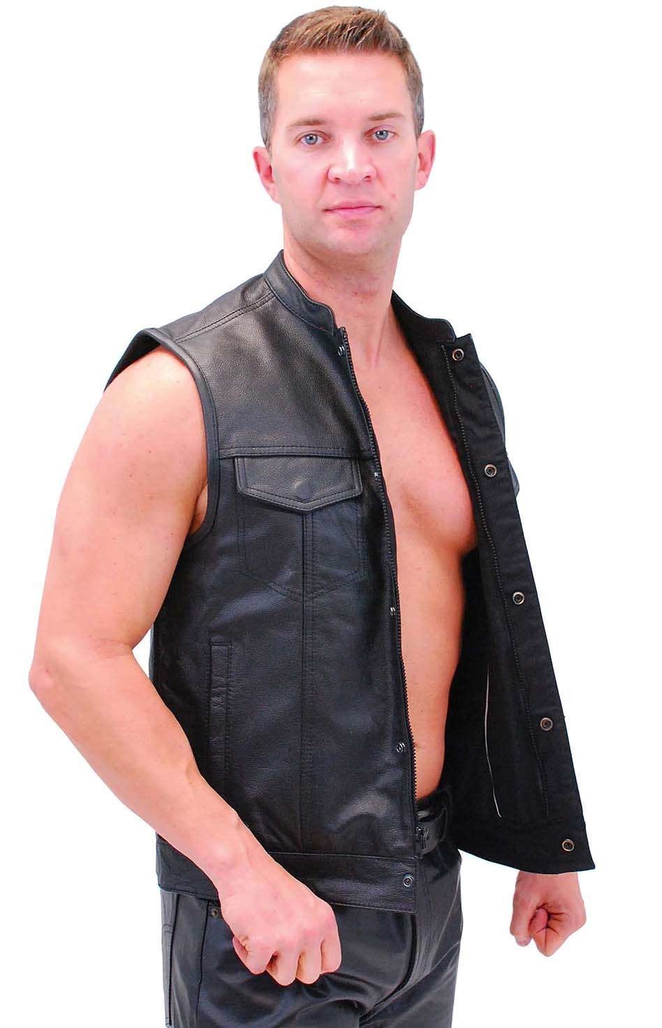 Men's Snap & Zip Buffalo Leather Club Vest w/1 Piece Back #VM690GZK () - Image 3