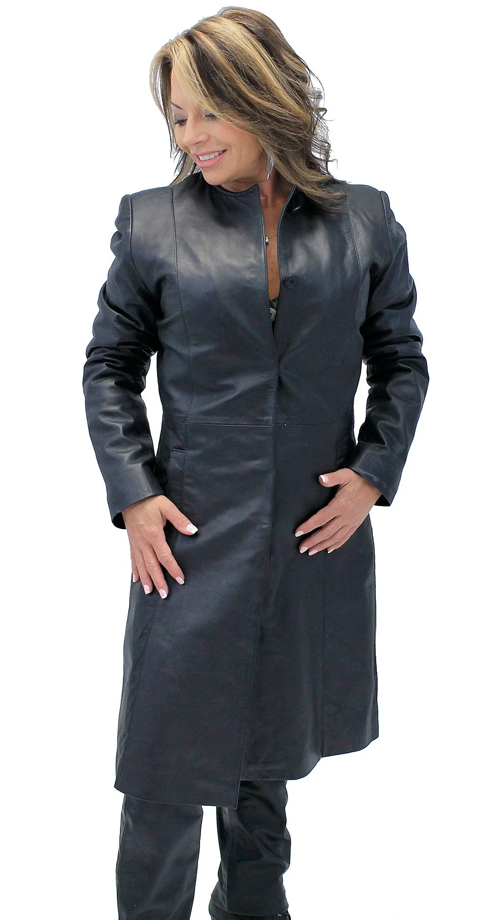 Collar Free Long Lambskin Leather Coat for Women #L1502398ZK (S,2X,3X) - Image 4