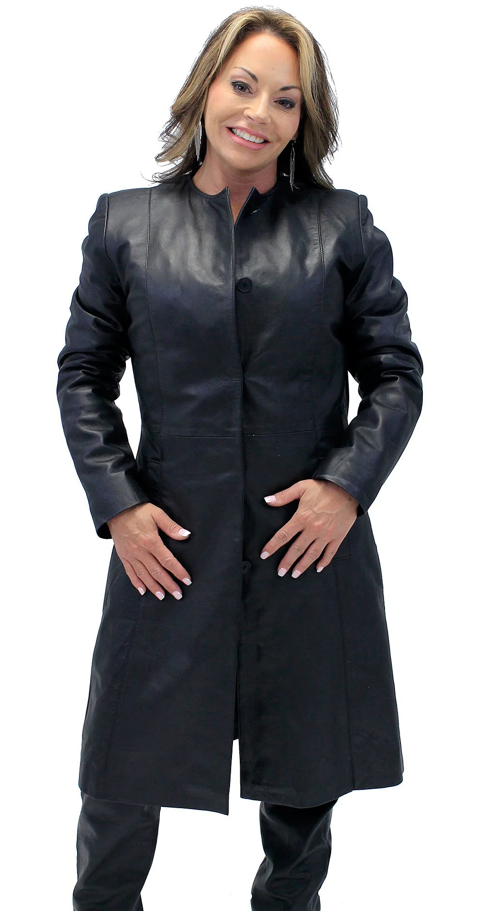 Collar Free Long Lambskin Leather Coat for Women #L1502398ZK (S,2X,3X) - Image 5