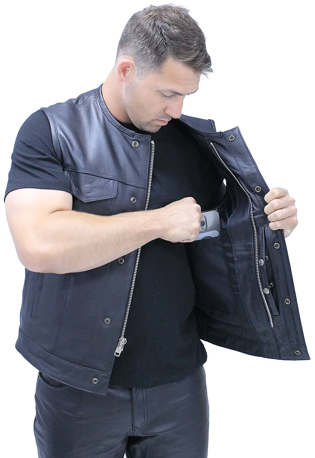 Collarless Premium Buffalo Leather Snap & Zip Concealed Pocket Vest #VM7410GK - Image 4