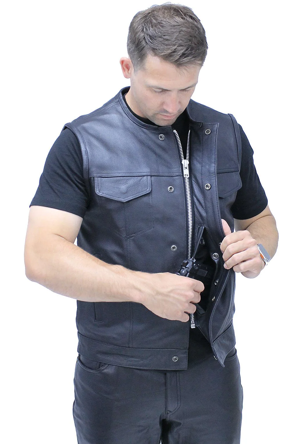 Collarless Premium Buffalo Leather Snap & Zip Concealed Pocket Vest #VM7410GK - Image 5