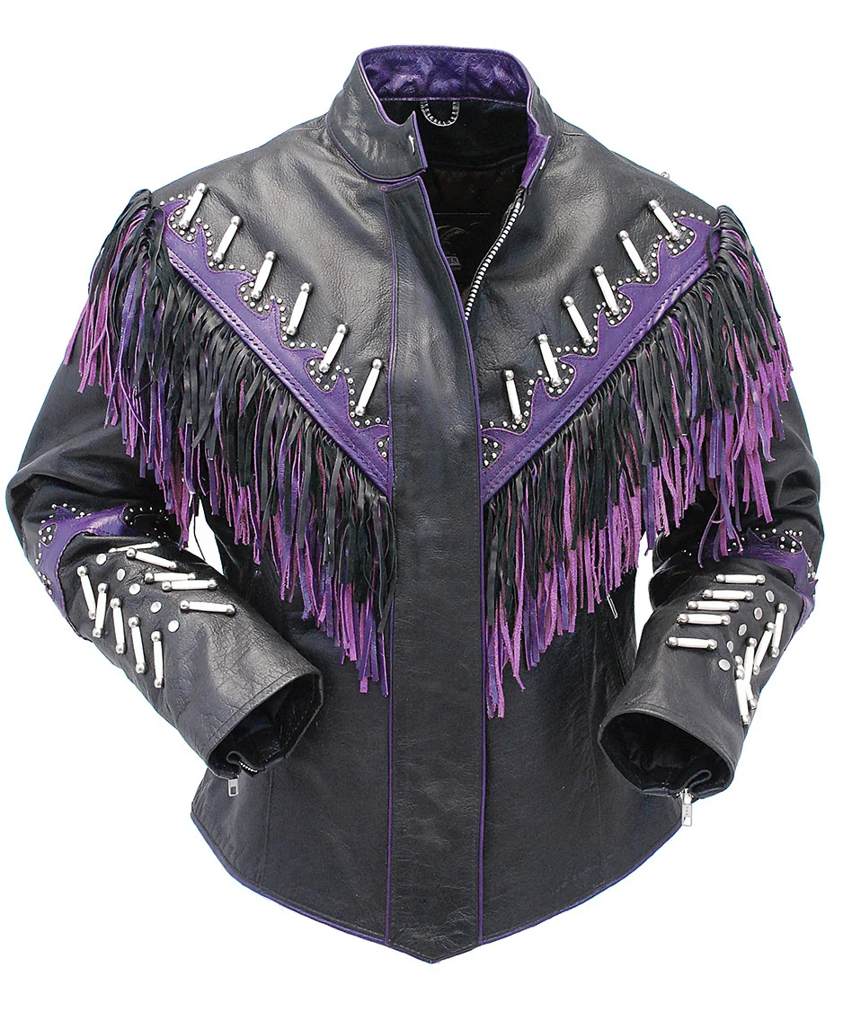 Genuine Bone & Purple Fringe Leather Jacket #L1616FBPUR - Image 6