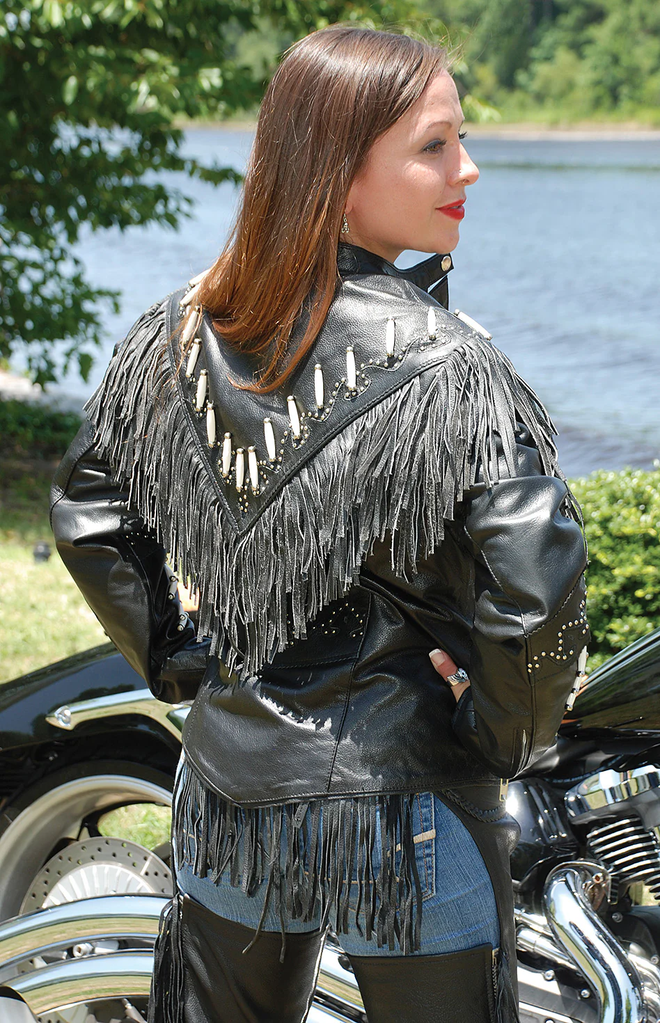 Genuine Bone Studded Fringe Leather Jacket #L1615FBK - Image 6