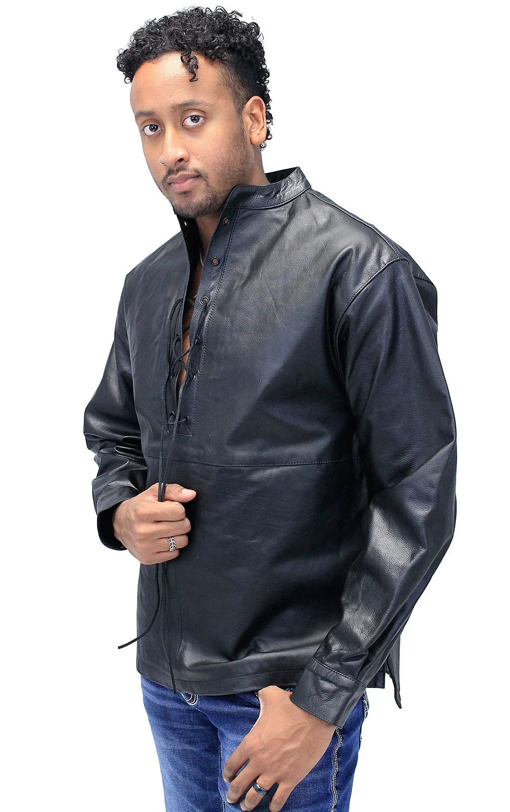 Men's Lace Up Leather Pullover Shirt Jacket #MS2013LK (S,M,2X,3X) - Image 3