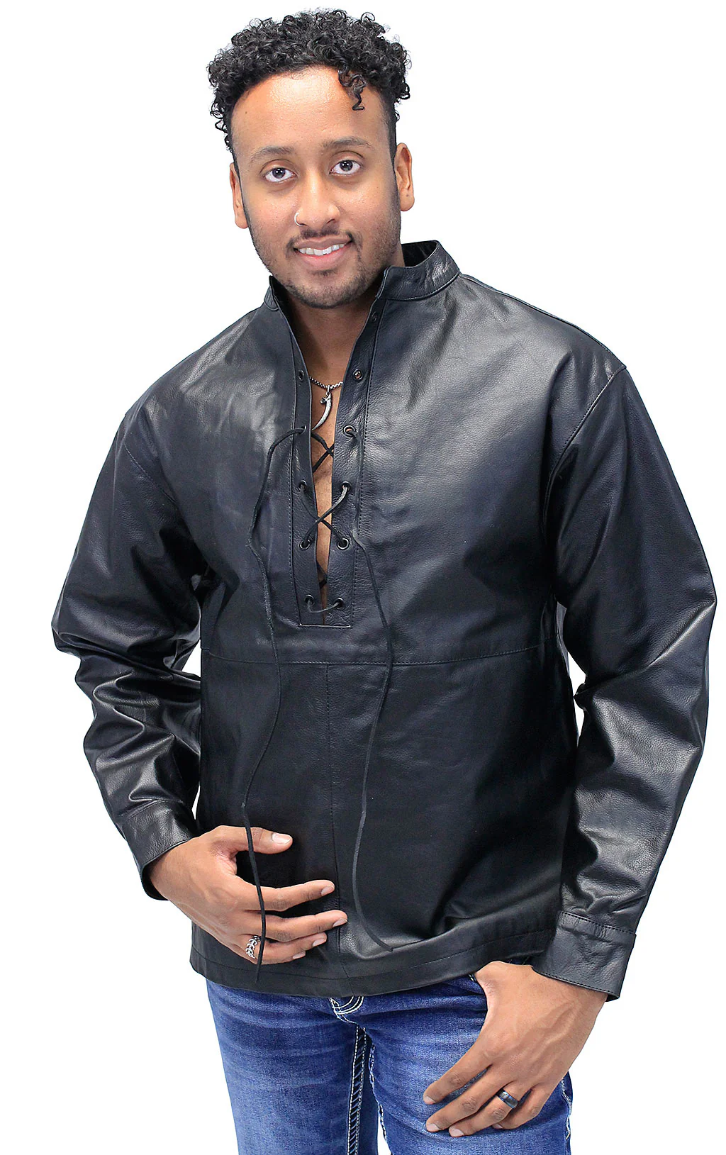 Men's Lace Up Leather Pullover Shirt Jacket #MS2013LK (S,M,2X,3X) - Image 4