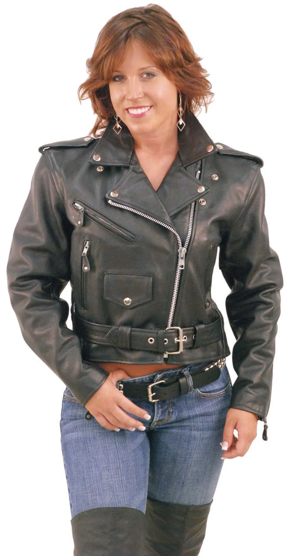 Ladies Cropped Leather Motorcycle Jacket #L200 - Image 3