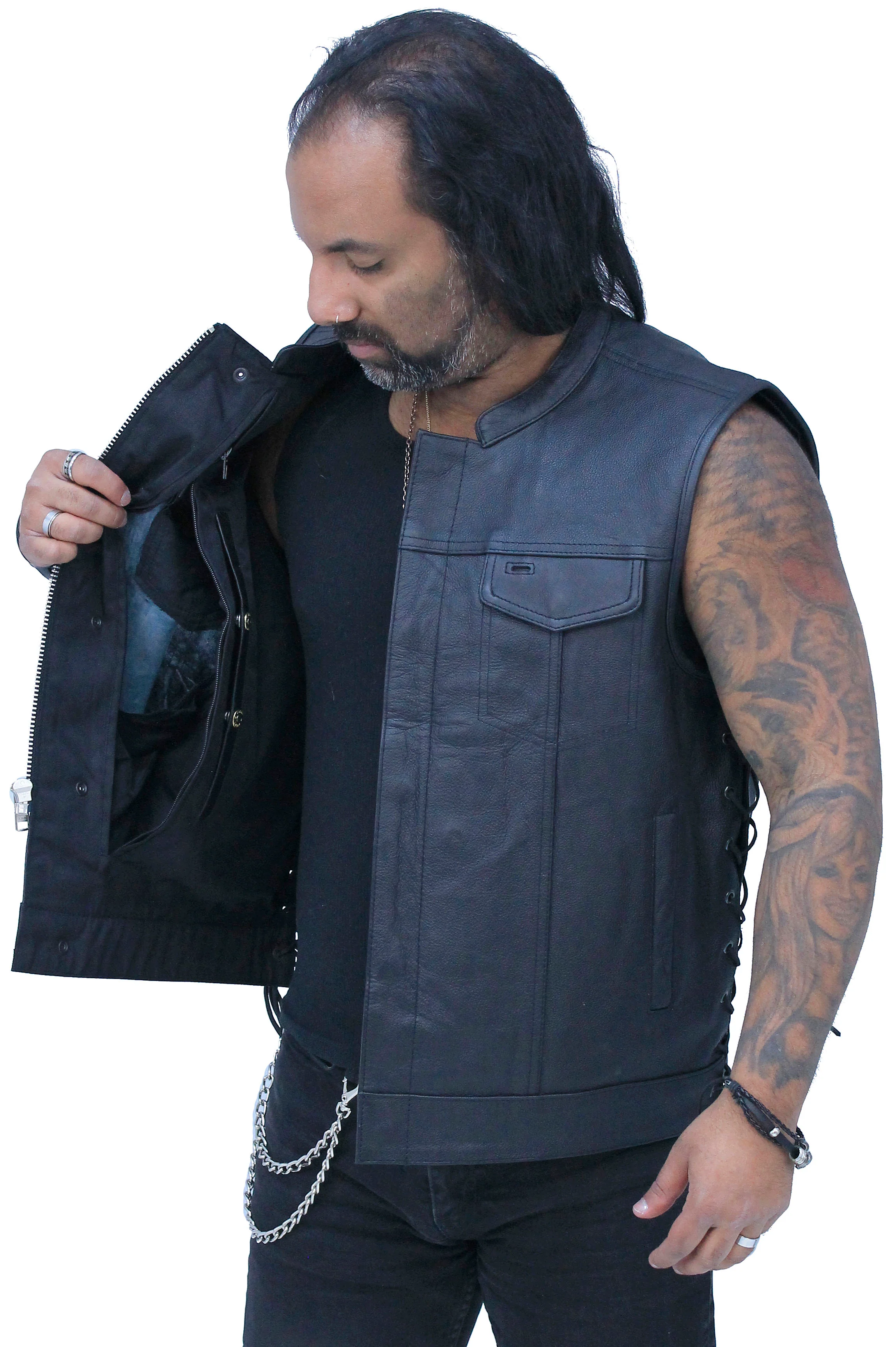 Men's Side Lace Buffalo Leather Club Vest w/1 Piece Back #VM685BSF - Image 6