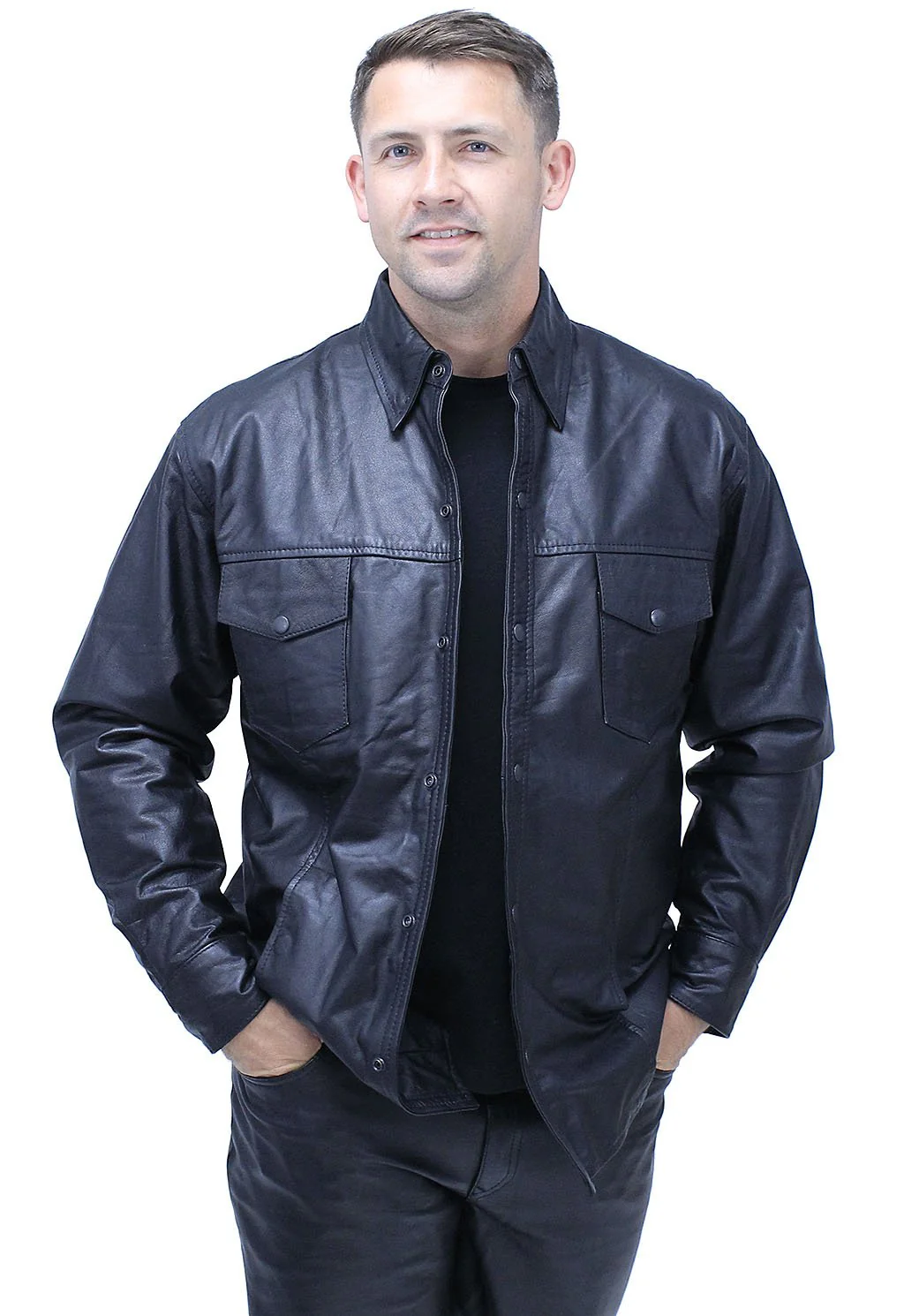 Snap Up Black Leather Shirt #MS1559K - Image 5