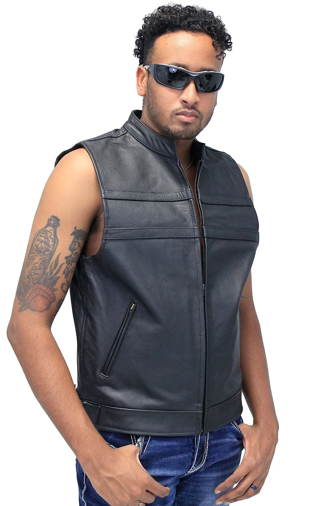 Striped Zip Front Men's Leather Vest #VM1366Z (XL-3X) - Image 3