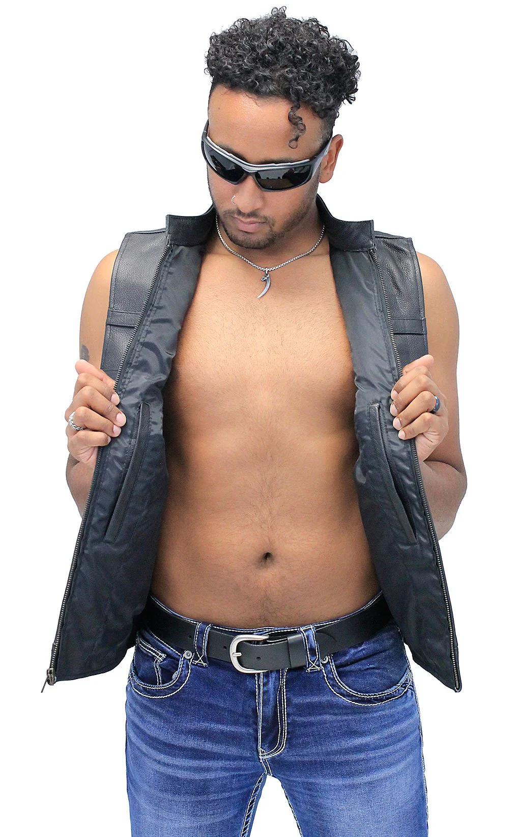 Striped Zip Front Men's Leather Vest #VM1366Z (XL-3X) - Image 4