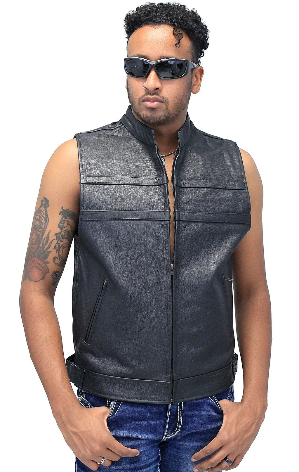 Striped Zip Front Men's Leather Vest #VM1366Z (XL-3X) - Image 5