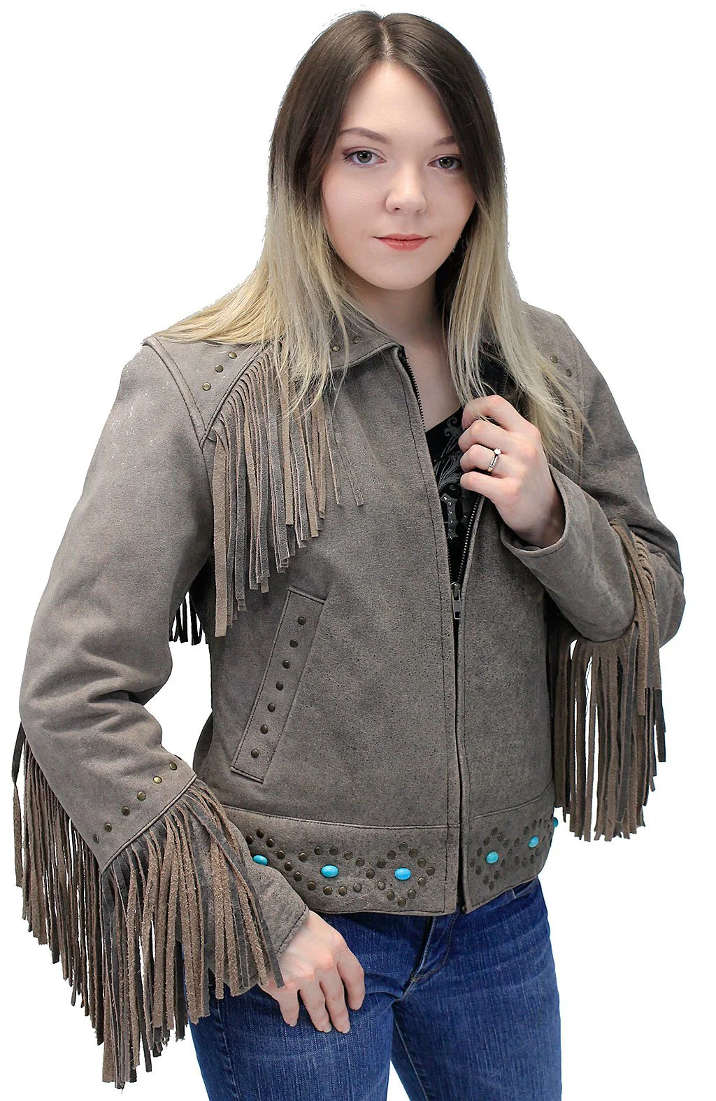 Turquoise and Fringe Brown Leather Jacket for Women #L17081ZFTN (S-3X) - Image 3