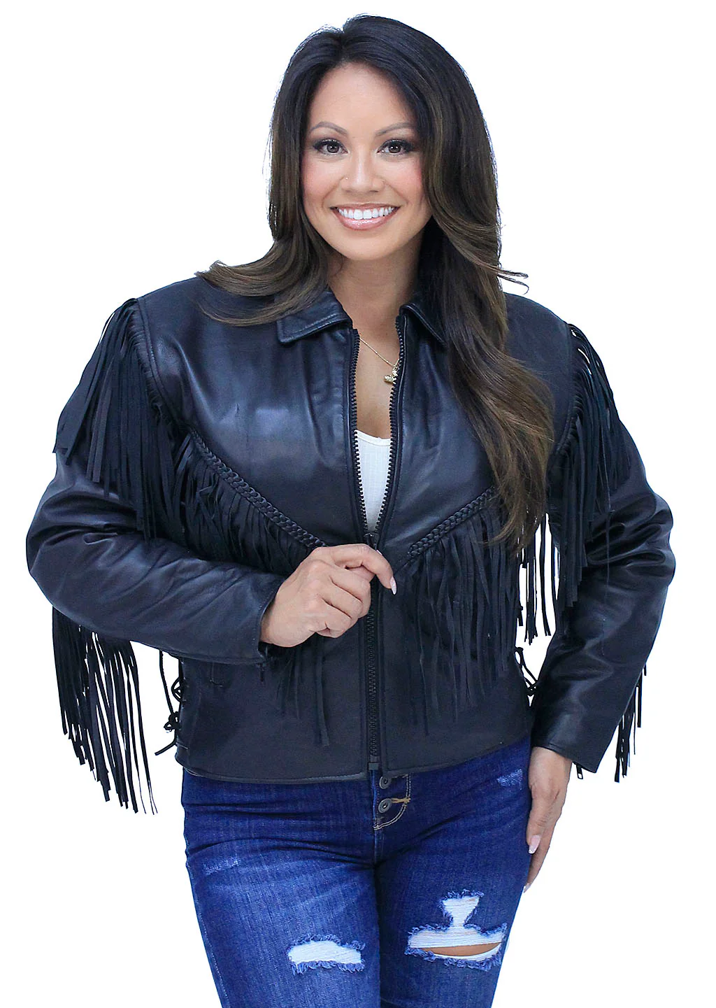 V Fringed Leather Motorcycle Jacket for Women #L452ZFB - Image 3
