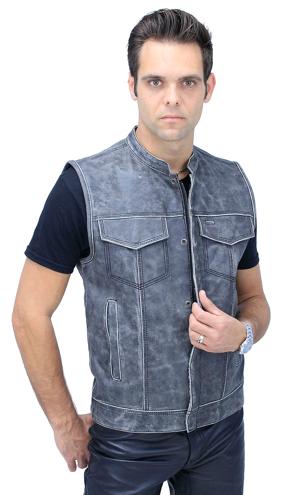 Vintage Gray Leather Concealed Pocket Club Vest #VMA6402ZGY - Image 3