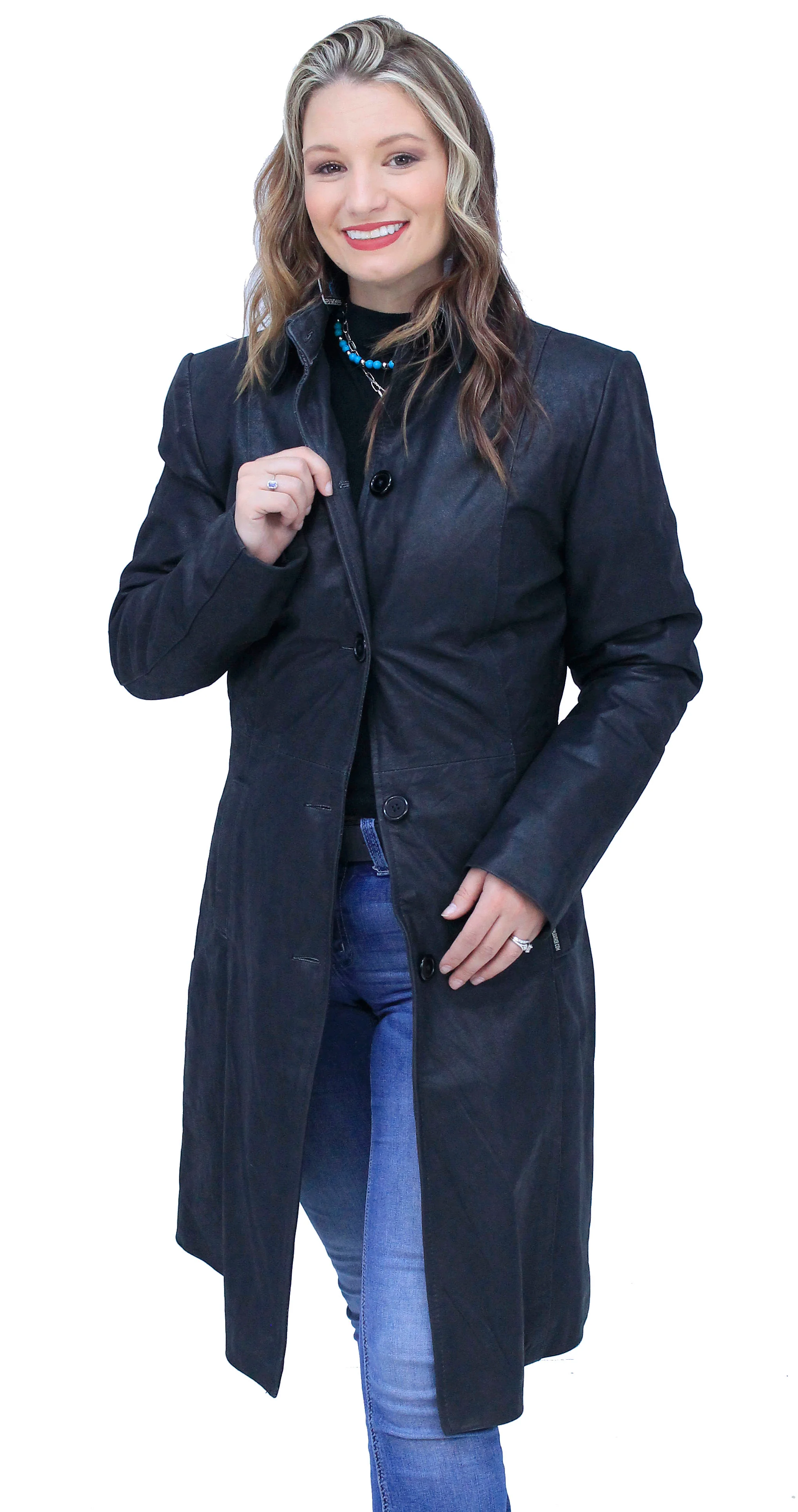 Extra Long Button Down Lambskin Leather Coat for Women #L1401398ZK - Image 3