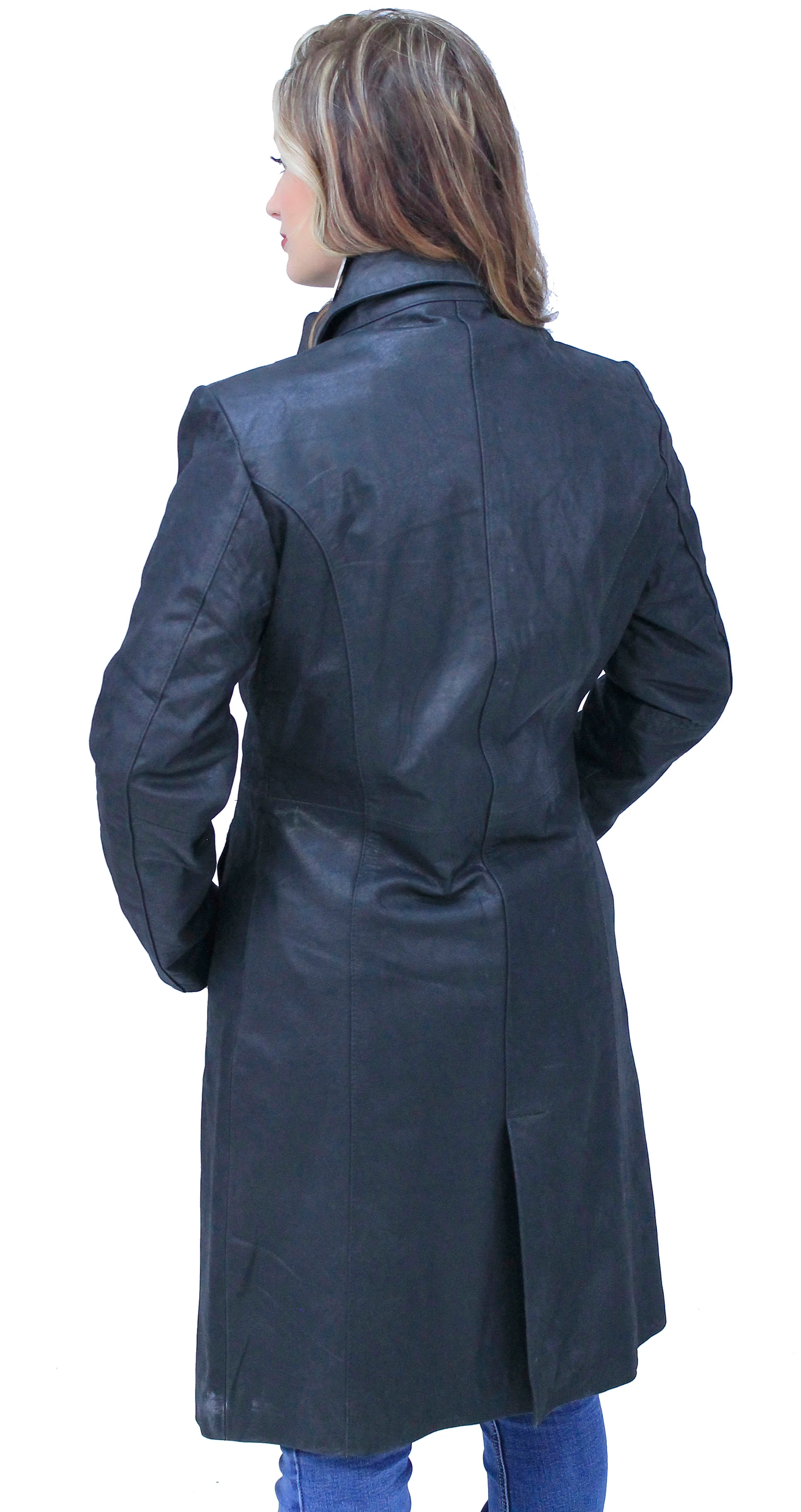 Extra Long Button Down Lambskin Leather Coat for Women #L1401398ZK - Image 4