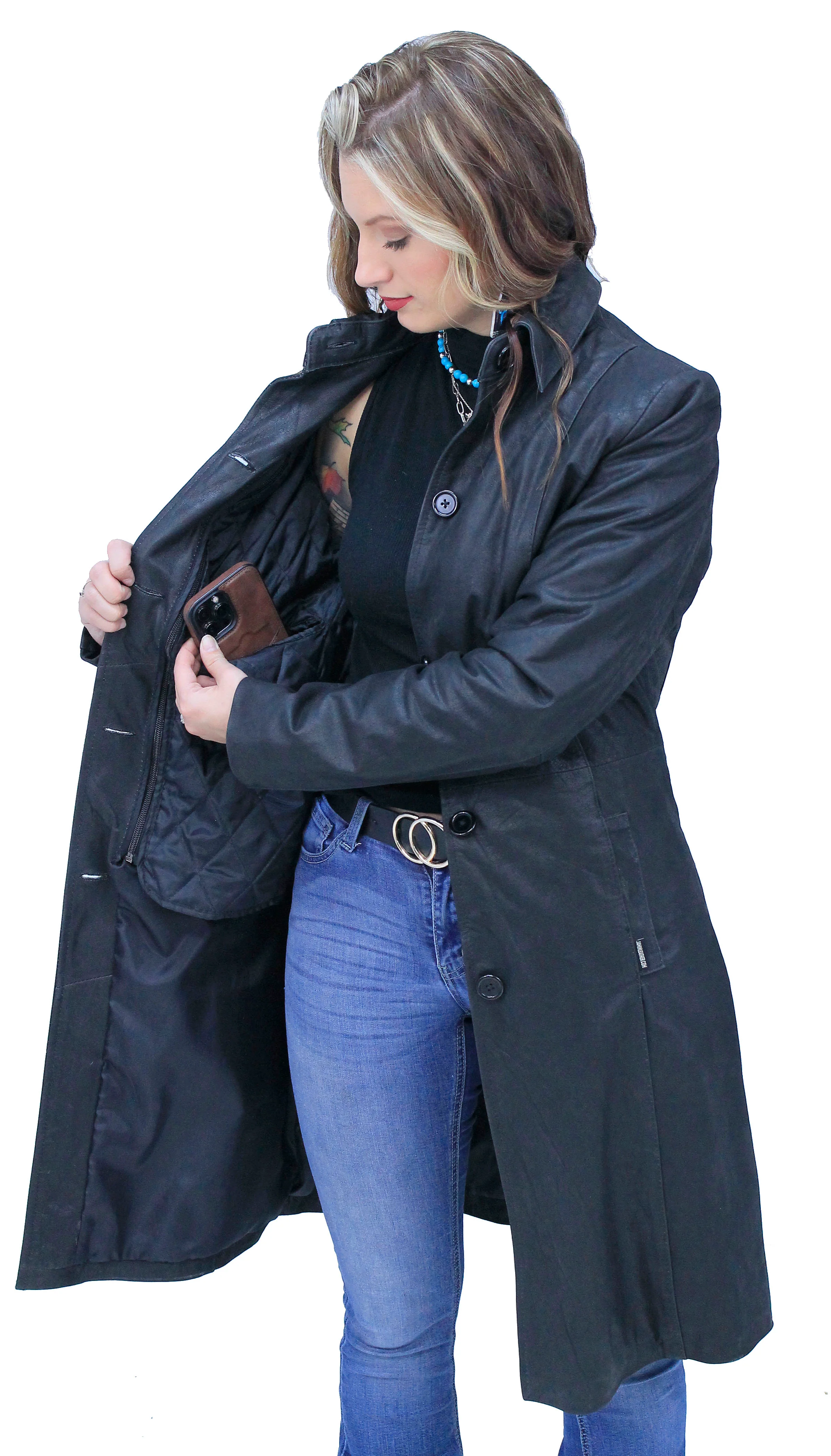 Extra Long Button Down Lambskin Leather Coat for Women #L1401398ZK - Image 5