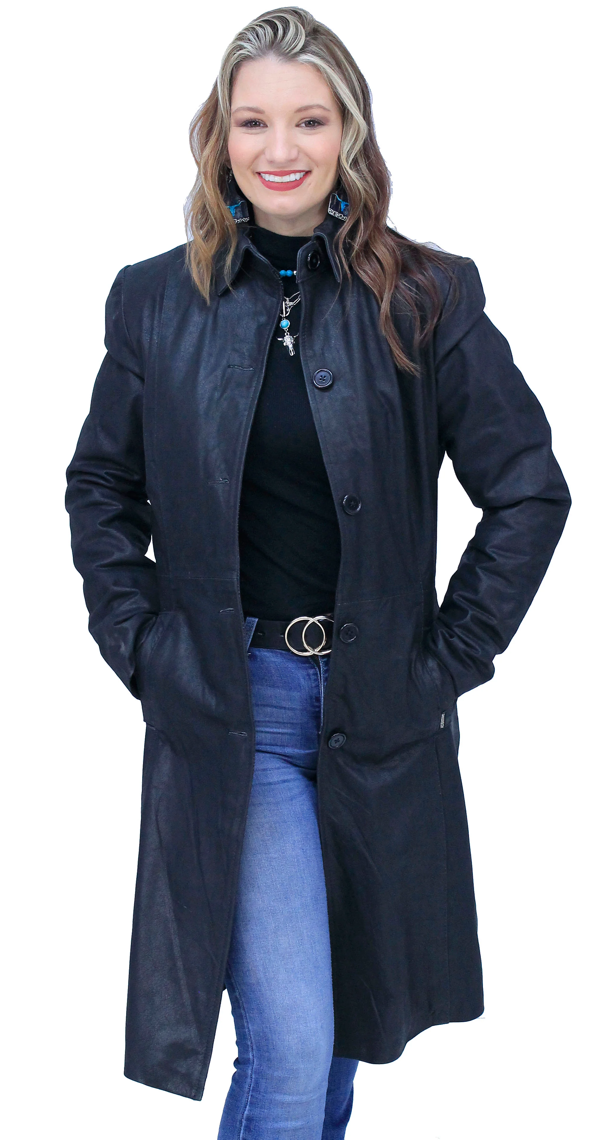 Extra Long Button Down Lambskin Leather Coat for Women #L1401398ZK - Image 6