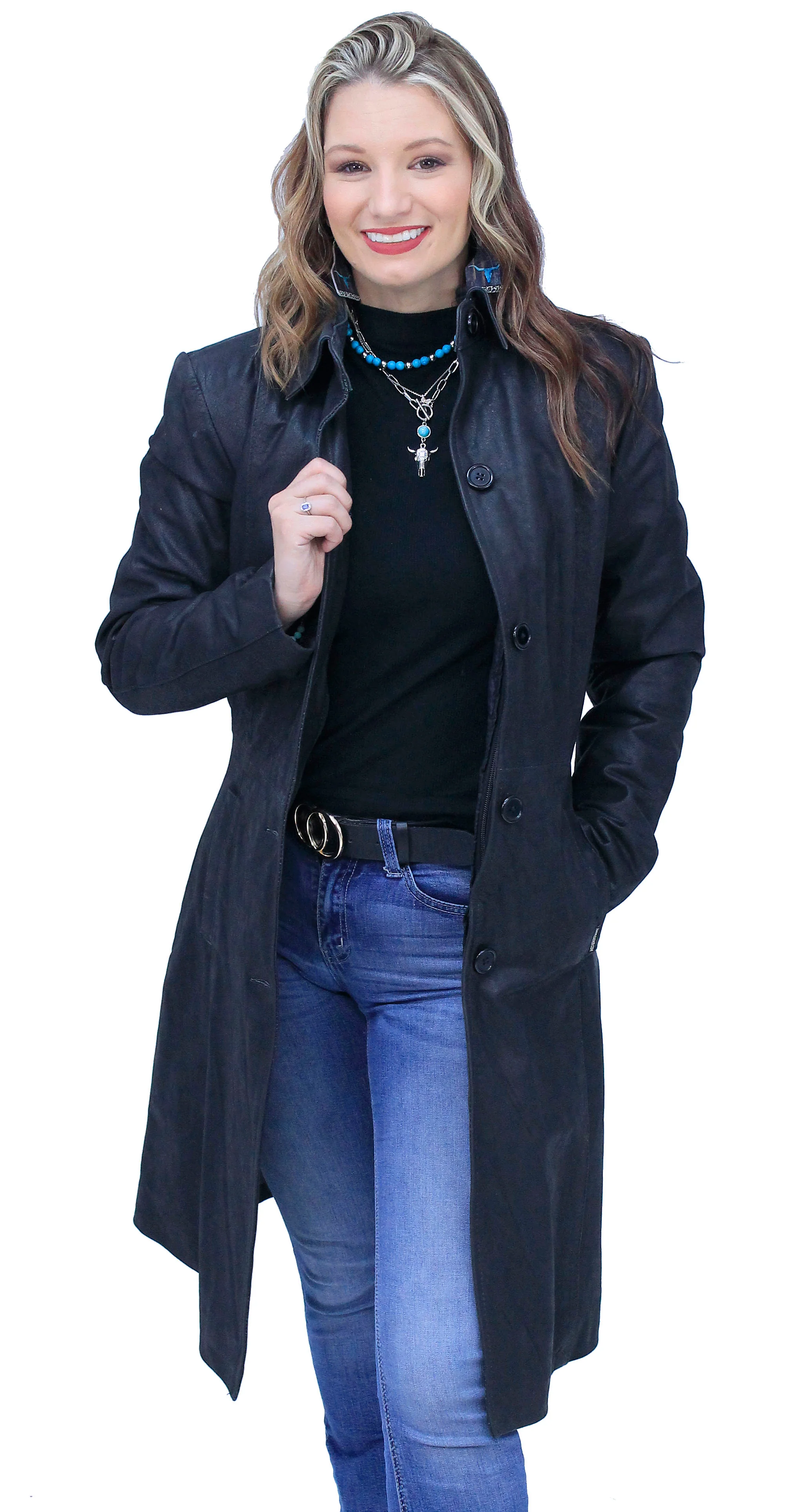 Extra Long Button Down Lambskin Leather Coat for Women #L1401398ZK - Image 7