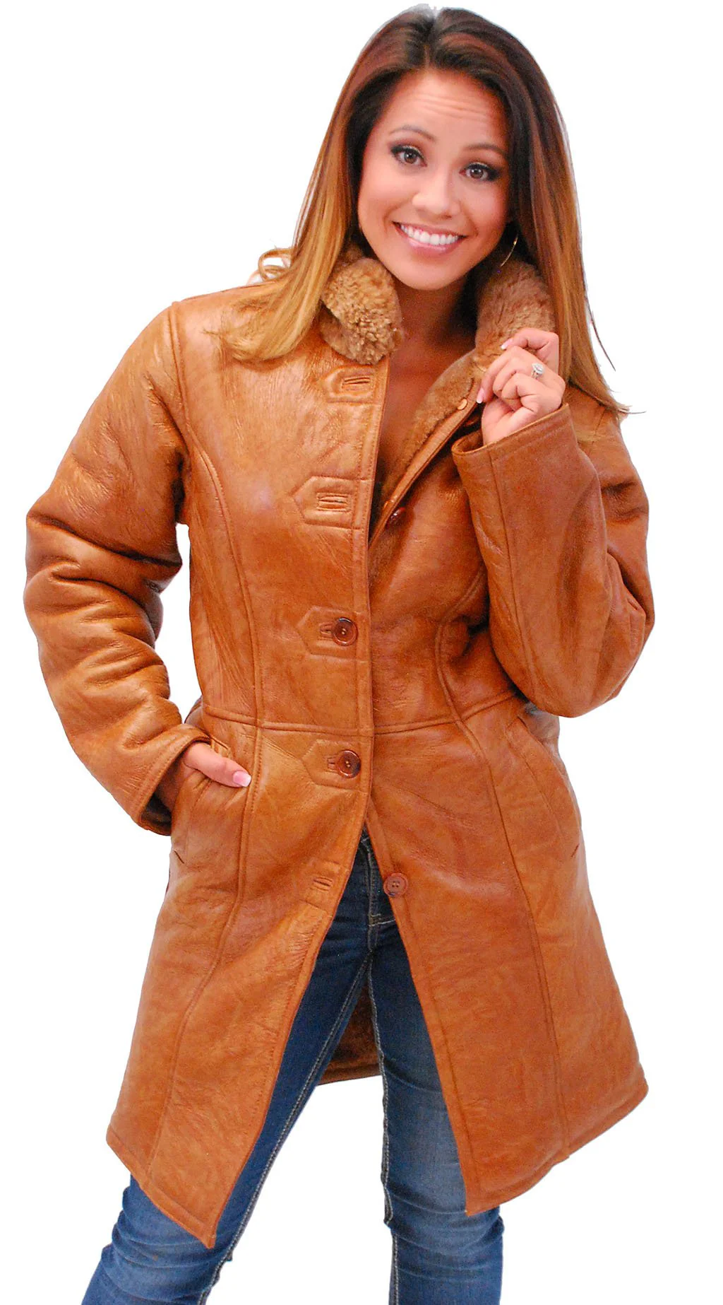 Women's Tan Genuine Sheepskin Fur Lined Trench Coat Jacket #L1319HN (S only) - Image 5